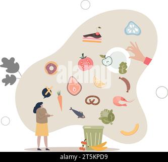 Food waste and meal leftovers garbage reduce awareness.Throw away groceries in trash after shelf life end .Bad attitude to environment and nature reso Stock Vector