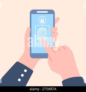 Fingerprint login on smartphone. Access for information, self security digital technologies. Biometric identification, touch secure recent vector Stock Vector