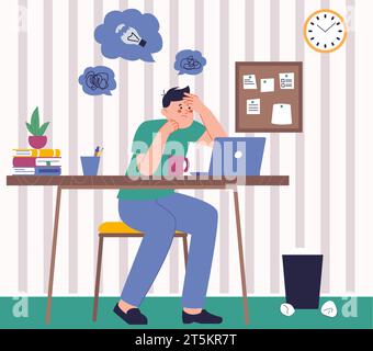 Work crisis exhausted boy. Young tired man sitting on desk with laptop and thinks. Burnout and no ideas, study or working splendid vector scene Stock Vector