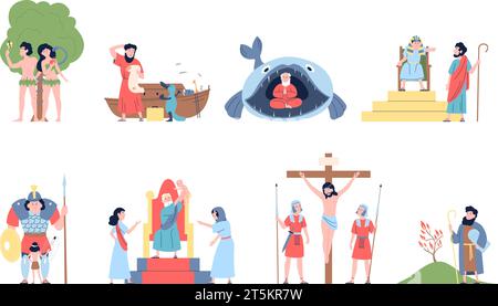 Bible scenes with holy religion characters. Sacred books and myphs people, mythology and christian stories. First person in garden, recent vector Stock Vector
