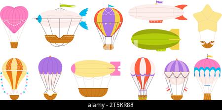 Cartoon air balloons. Sky flying air balloons various style. Flat adventures and travel retro transport, vintage transportation racy vector elements Stock Vector