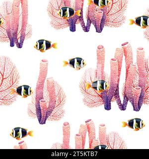 Seamless pattern with underwater coral reef plants and exotic clark fishes. Watercolor illustration fabric, textile Stock Photo