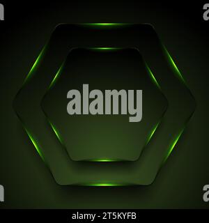 Dark hexagons with green neon light abstract background. Vector tech glowing corporate design Stock Vector