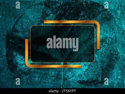 Grunge leaf turquoise background with bronze geometric frame. Abstract technology design Stock Vector