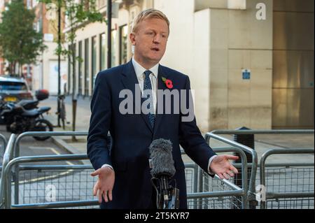 Deputy Prime Minister Oliver Dowden, seen being interviewed outside the BBC Studios after appearing on 'Sunday with Laura Kuenssberg'. Stock Photo