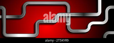 Silver metallic geometric stripes on dark red background. Technology vector banner Stock Vector