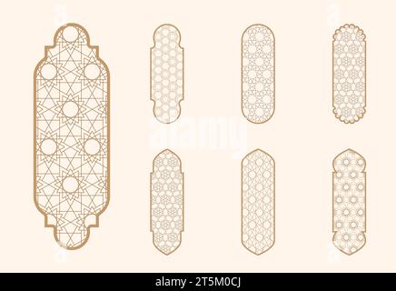 Islamic window shape with mashrabiya pattern. Arabic door frame. Islamic arhitecture elements of window and door and mashrabiya pattern. Stock Vector