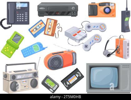 90s devices. Vintage electronic gadgets technology y2k or 1990s, old radio music player game console retro communication pager hipster 80s device, neat vector illustration of 90s old electronic Stock Vector