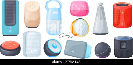 Smart home speaker. Wireless speakers connected voice assistant control, room audio system interacting network, iot loudspeaker listening sound command, vector illustration of wireless device smart Stock Vector