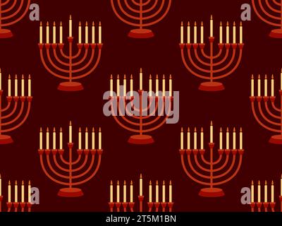 Hanukkah seamless pattern with Menorah with nine candles on red background. Lighted Hanukkah candles. Design of greeting cards, banners and promotiona Stock Vector