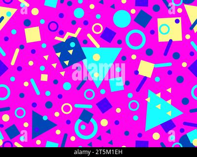 80s seamless pattern with geometric shapes in memphis style. Circles and triangles. Colorful abstract background for printing on promotional items, ba Stock Vector