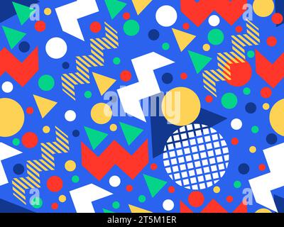 Memphis seamless pattern with geometric shapes in 80s and 90s style. Geometric shapes of different shapes and colors. Design of promotional products, Stock Vector