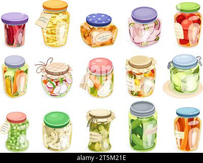 Preserved vegetables. Pickled food glass jars homemade marinades, kitchen meal preservation canning fruit tomatoes cabbage salad peas cucumber vector illustration of homemade jar preserve product Stock Vector