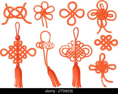 Chinese knots. Japanese knot stencil, traditional asian lucky auspicious symbol china endless ornament knotted ribbon, feng shui typical decoration element vector illustration of asian knot design Stock Vector