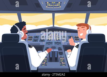 Airplane cockpit. Aviation crew inside aircraft cabin, pilot and plane captain control monitoring flight navigation panel, two aviators on chair in jet, classy vector illustration Stock Vector