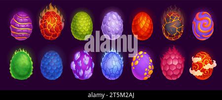Cartoon dragon eggs. Dragons mother egg, lava stone reptile scale fantastic monster dinosaur fairy shell game ui natural energy crystals collection, ingenious vector illustration of dragon egg fantasy Stock Vector