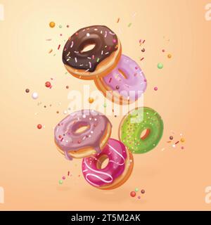 Falling donuts. 3d frosted flying donut, tasty doughnut in chocolate glaze berry icing, fly cake sweets ad composition, fresh donutes realistic exact vector illustration of food sweet donut falling Stock Vector