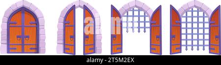 Castle opening gate. Open closed wooden door steel fortification, european medieval stronghold gates stone doorway cellar dungeon entrance animation, vector illustration of castle closed gate and open Stock Vector