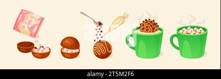 Chocolate bombs cooking. Cocoa bomb marshmallow preparation, delicious dessert mug hot cafe drink, luxury sweets food confection breakfast choco balls neoteric vector illustration of chocolate cooking Stock Vector