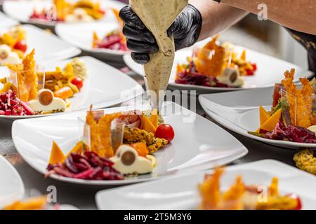 Chef is garnishing delicious appetizer dishes in restaurant kitchen counter, close up Stock Photo