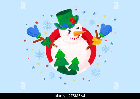 Cheerful snowman dressed in green fairy elf hat, joyfully spread arms in embrace. Xmas character. Festive New Year vector illustration isolated on blu Stock Vector