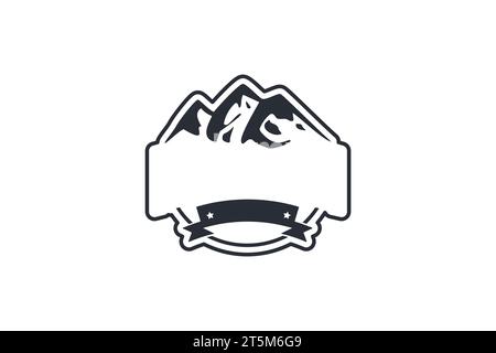 Minimalistic logo emblem of mountain tourist camp. Ribbon for slogan and name brand against backdrop of mountain peaks. Simple black and white vector Stock Vector
