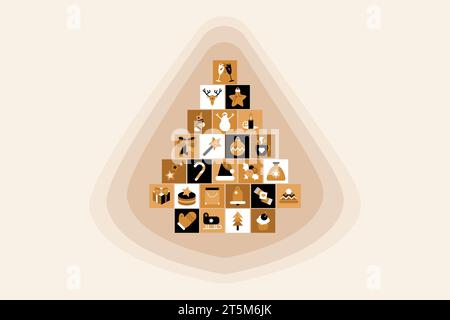 Christmas tree shaped collage stacked of square icons with symbols and signs of holiday. Pictograms in boho style. Festive New Year vector isolated on Stock Vector