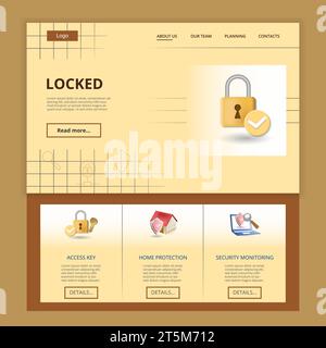 Locked flat landing page website template. Acces key, home protection, security monitoring. Web banner with header, content and footer. Vector Stock Vector