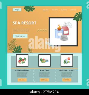 Spa resort flat landing page website template. Recreation resort, sport camp, adult only resort. Web banner with header, content and footer. Vector Stock Vector