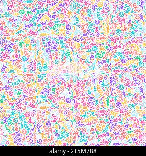 Grunge 90s Squiggle color seamless pattern with hand drawn abstract symbols. Ornament for printing on fabric, cover and packaging. Simple bright vecto Stock Vector