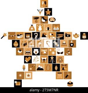 Star shaped collage stacked of square icons with symbols and signs of Christmas. Pictograms in boho style. Festive New Year vector isolated on beige b Stock Vector