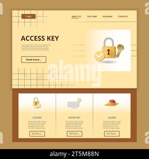 Acces key flat landing page website template. Locked, enter key, alarm. Web banner with header, content and footer. Vector illustration. Stock Vector