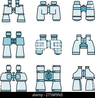 Travel binoculars icons set. Outline set of travel binoculars vector icons thin line color flat on white Stock Vector