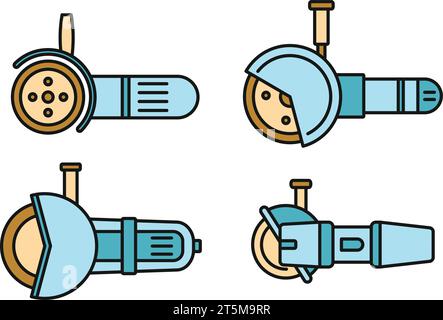 Electric angle grinder icon set. Outline set of electric angle grinder vector icons thin line color flat on white Stock Vector