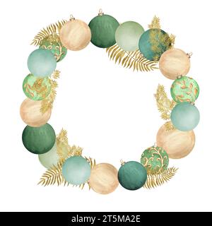 Hand-drawn watercolor illustration. Festive circle wreath with green and golden bright glass baubles and golden fern. For posters, greeting cards, cov Stock Photo