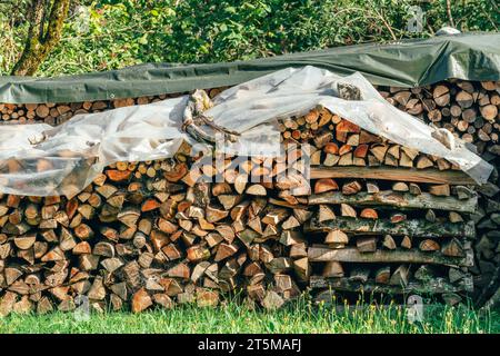 Firewood stack on farm, large pile of chopped wood, selective focus Stock Photo