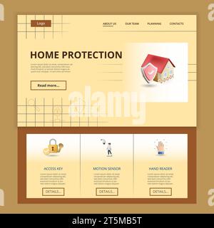 Home protection flat landing page website template. Acces key, motion sensor, hand reader. Web banner with header, content and footer. Vector Stock Vector