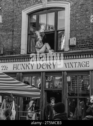 Famous landmark in hipster Shoreditch, tube carriages suspended on an ...