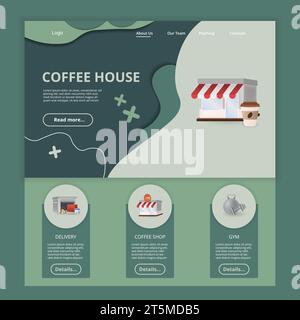 Coffee house flat landing page website template. Delivery, coffee shop, gym. Web banner with header, content and footer. Vector illustration. Stock Vector