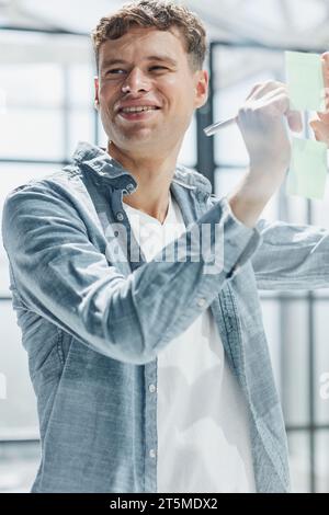Businessman, sticky notes and work schedule for project planning Stock Photo