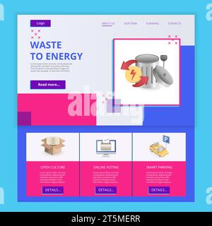 Waste to energy flat landing page website template. Open culture, online voting, smart parking. Web banner with header, content and footer. Vector Stock Vector