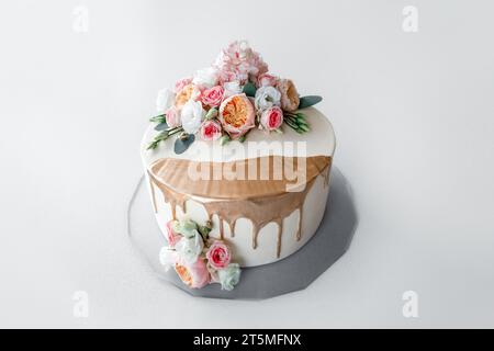 Cake decorated with flowers, theme cake, wedding cake, birthday cake Stock Photo