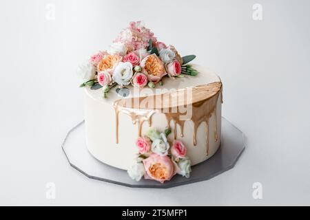 Cake decorated with flowers, theme cake, wedding cake, birthday cake Stock Photo