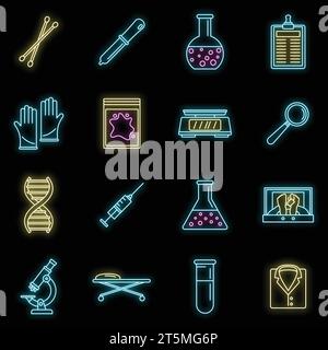 Dna investigation laboratory icons set. Outline set of dna investigation laboratory vector icons neon color on black Stock Vector