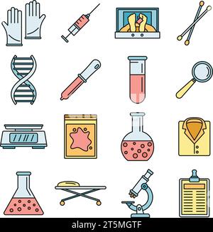 Dna investigation laboratory icons set. Outline set of dna investigation laboratory vector icons thin line color flat on white Stock Vector