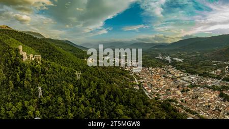 Aerial view of the Cantelmo castle in Popoli surrounded by the pine forest on Mount Morrone. Popoli, Pescara province, Abruzzo, Italy, Europe Stock Photo