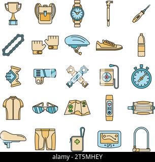 Cycling equipment kit icons set. Outline set of cycling equipment kit vector icons thin line color flat on white Stock Vector