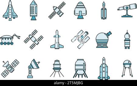 Planet space research technology icons set. Outline set of planet space research technology vector icons thin line color flat on white Stock Vector