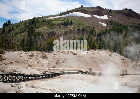 A view of Bumpass Hell at Mt Lassen National Park in Northern California. Stock Photo