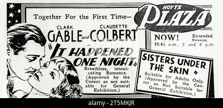 A 1934 advertisement for a film showing at Hoyts, Plaza Cinema in Melbourne, Australia, It Happened One  Night, starring Clark Gable and Claudette Colbert-‘together for the first time’ in a’breathless intoxicating romance’ (Approved by the Censor as not suitable for General Exhibition).  Also showing Sisters Under The Skin-suitable for adults only, and also (Approved by the Censor as not suitable for General Exhibition).. Stock Photo